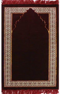 Modefa Lux Plush Regal Velvet Islamic Prayer Rug Muslim Turkish Carpet with Free Prayer Cap (Red)