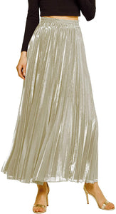 CHARTOU Women's Premium Metallic Shimmer Accordion Pleated Long Maxi Skirt