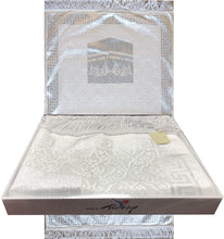 Load image into Gallery viewer, Gift Box Prayer Mat - Luxury Islamic Prayer Rug White Shimmery Kaba (Silver)