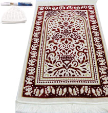 Load image into Gallery viewer, Janamaz Prayer Rug with Free Cap + MISWAK - Plush Velvet Namaz Seccade Turkish Prayer Mat Carpet Design (Red / White)