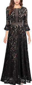 MISSMAY Women's Vintage Full Lace Contrast Bell Sleeve Formal Long Dress - Zainab's Closet