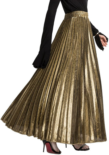 CHARTOU Women's Premium Metallic Shimmer Accordion Pleated Long Maxi Skirt