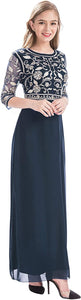 MANER Chiffon Beaded Sequin 3/4 Sleeve Long Gown - Zainab's Closet
