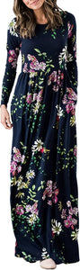 ZESICA Women's Floral Print Long Sleeve Pockets Empire Waist Pleated Long Maxi Dress