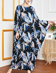 Flygo Women's Batwing Plaid Floral Printed Short Sleeve Oversized Maxi Dress