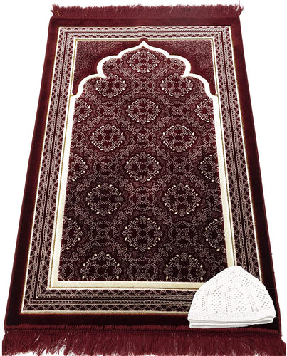 Muslim Prayer Rug - Islamic Plush Velvet Turkish Carpet Janamaz Sajadah Free Prayer Cap Elegant Swirl (Blue)
