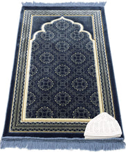 Load image into Gallery viewer, Muslim Prayer Rug - Islamic Plush Velvet Turkish Carpet Janamaz Sajadah Free Prayer Cap Elegant Swirl (Blue)