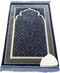Muslim Prayer Rug - Islamic Plush Velvet Turkish Carpet Janamaz Sajadah Free Prayer Cap Elegant Swirl (Blue)