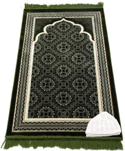 Load image into Gallery viewer, Muslim Prayer Rug - Islamic Plush Velvet Turkish Carpet Janamaz Sajadah Free Prayer Cap Elegant Swirl (Blue)