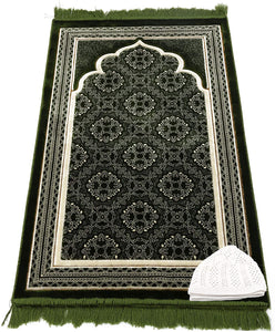 Muslim Prayer Rug - Islamic Plush Velvet Turkish Carpet Janamaz Sajadah Free Prayer Cap Elegant Swirl (Blue)