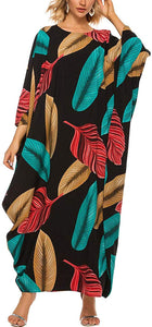 Flygo Women's Batwing Plaid Floral Printed Short Sleeve Oversized Maxi Dress