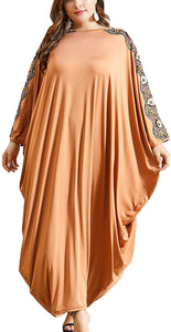 Flygo Women's Batwing Plaid Floral Printed Short Sleeve Oversized Maxi Dress