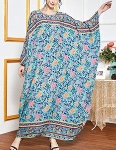 Flygo Women's Batwing Plaid Floral Printed Short Sleeve Oversized Maxi Dress