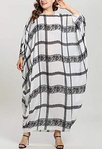 Flygo Women's Batwing Plaid Floral Printed Short Sleeve Oversized Maxi Dress