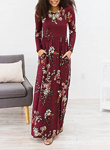 ZESICA Women's Floral Print Long Sleeve Pockets Empire Waist Pleated Long Maxi Dress