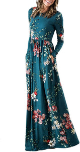 ZESICA Women's Floral Print Long Sleeve Pockets Empire Waist Pleated Long Maxi Dress
