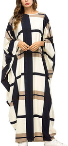 Flygo Women's Batwing Plaid Floral Printed Short Sleeve Oversized Maxi Dress
