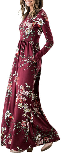 ZESICA Women's Floral Print Long Sleeve Pockets Empire Waist Pleated Long Maxi Dress