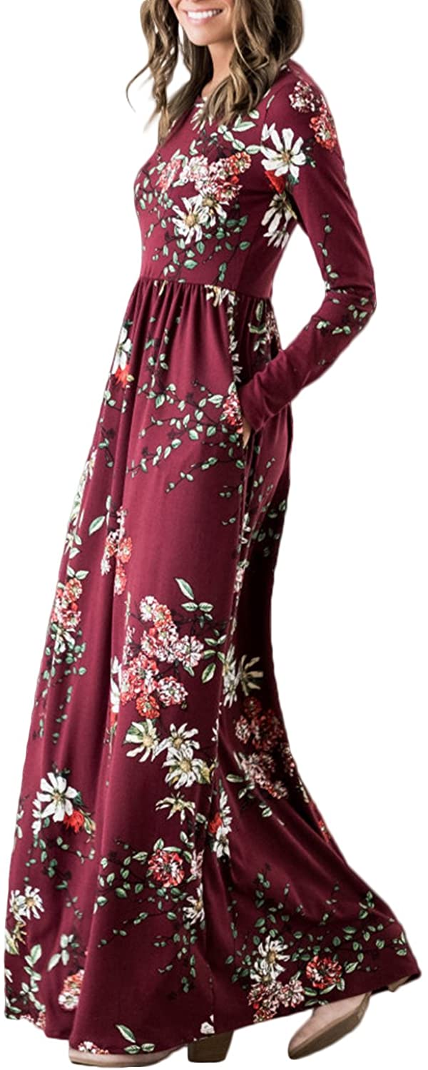 ZESICA Women's Floral Print Long Sleeve Pockets Empire Waist Pleated Long Maxi Dress