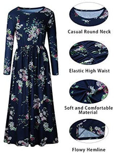 ZESICA Women's Floral Print Long Sleeve Pockets Empire Waist Pleated Long Maxi Dress