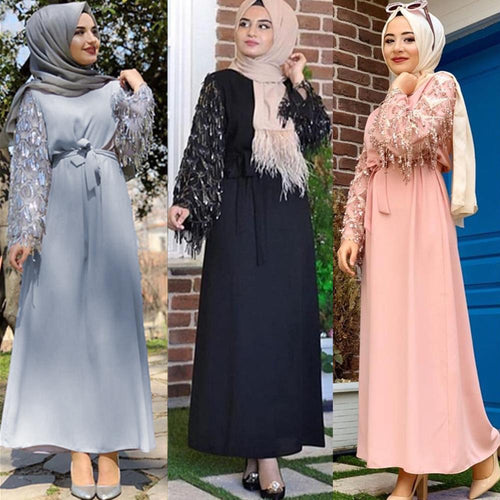 Delias Sequin Maxi Eid Abaya w/ Tassels - Zainab's Closet