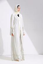 Load image into Gallery viewer, Delias White &amp; Black Lace Trim Pearl Embroidered Abaya Robe - Zainab&#39;s Closet