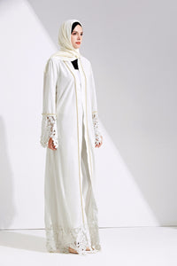 Delias White & Black Lace Trim Pearl Embroidered Abaya Robe - Zainab's Closet