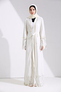 Delias White & Black Lace Trim Pearl Embroidered Abaya Robe - Zainab's Closet