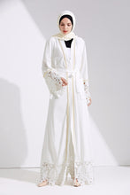 Load image into Gallery viewer, Delias White &amp; Black Lace Trim Pearl Embroidered Abaya Robe - Zainab&#39;s Closet