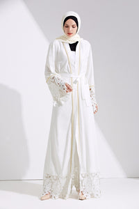 Delias White & Black Lace Trim Pearl Embroidered Abaya Robe - Zainab's Closet