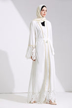 Load image into Gallery viewer, Delias White &amp; Black Lace Trim Pearl Embroidered Abaya Robe - Zainab&#39;s Closet