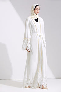Delias White & Black Lace Trim Pearl Embroidered Abaya Robe - Zainab's Closet