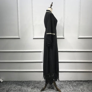 Delias White & Black Lace Trim Pearl Embroidered Abaya Robe - Zainab's Closet