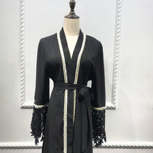 Load image into Gallery viewer, Delias White &amp; Black Lace Trim Pearl Embroidered Abaya Robe - Zainab&#39;s Closet
