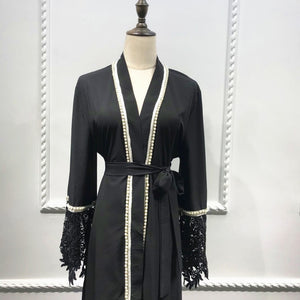 Delias White & Black Lace Trim Pearl Embroidered Abaya Robe - Zainab's Closet