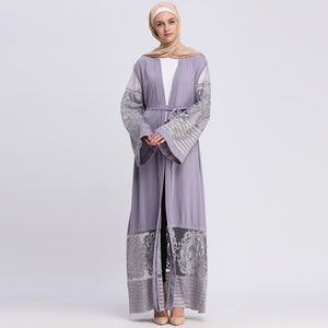 AIFEIYIYI Dubai Lace Trim Abaya Robe w/ Sash - Zainab's Closet