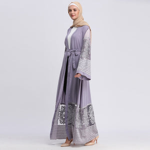 AIFEIYIYI Dubai Lace Trim Abaya Robe w/ Sash - Zainab's Closet