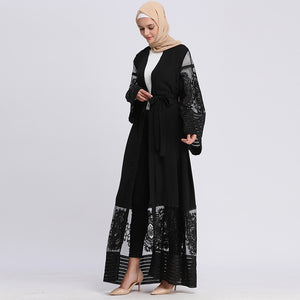 AIFEIYIYI Dubai Lace Trim Abaya Robe w/ Sash - Zainab's Closet