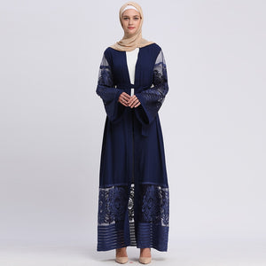 AIFEIYIYI Dubai Lace Trim Abaya Robe w/ Sash - Zainab's Closet