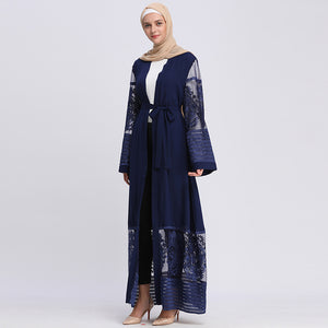 AIFEIYIYI Dubai Lace Trim Abaya Robe w/ Sash - Zainab's Closet