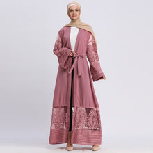 Load image into Gallery viewer, AIFEIYIYI Dubai Lace Trim Abaya Robe w/ Sash - Zainab&#39;s Closet