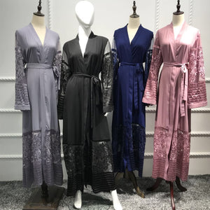 AIFEIYIYI Dubai Lace Trim Abaya Robe w/ Sash - Zainab's Closet