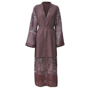 AIFEIYIYI Dubai Lace Trim Abaya Robe w/ Sash - Zainab's Closet