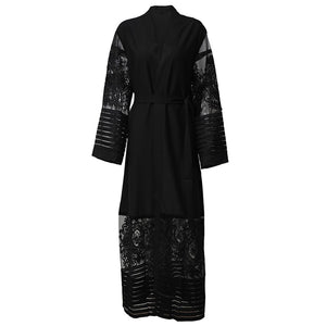 AIFEIYIYI Dubai Lace Trim Abaya Robe w/ Sash - Zainab's Closet