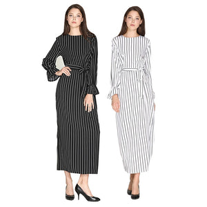 Wechery Striped Turmpet Sleeve Long Dress - Zainab's Closet