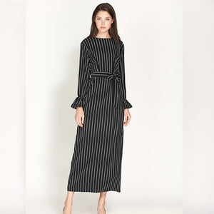 Wechery Striped Turmpet Sleeve Long Dress - Zainab's Closet