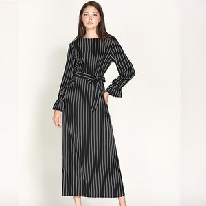 Wechery Striped Turmpet Sleeve Long Dress - Zainab's Closet