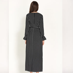Wechery Striped Turmpet Sleeve Long Dress - Zainab's Closet