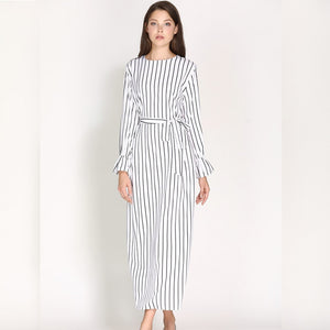 Wechery Striped Turmpet Sleeve Long Dress - Zainab's Closet
