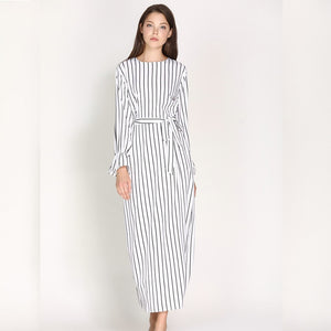 Wechery Striped Turmpet Sleeve Long Dress - Zainab's Closet